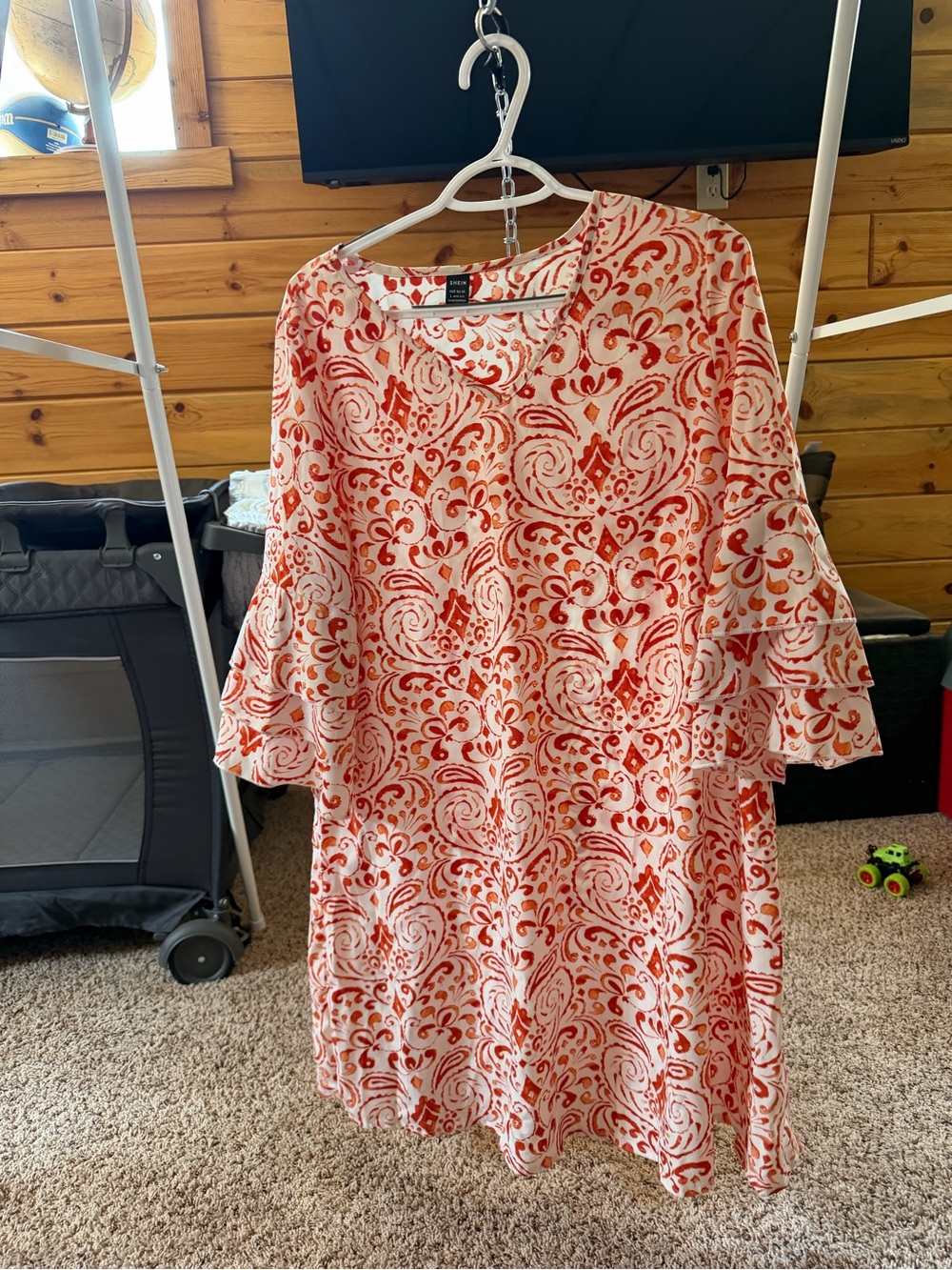 Red and Cream Swirl Print Women’s Dress with Ruffle Sleeves
